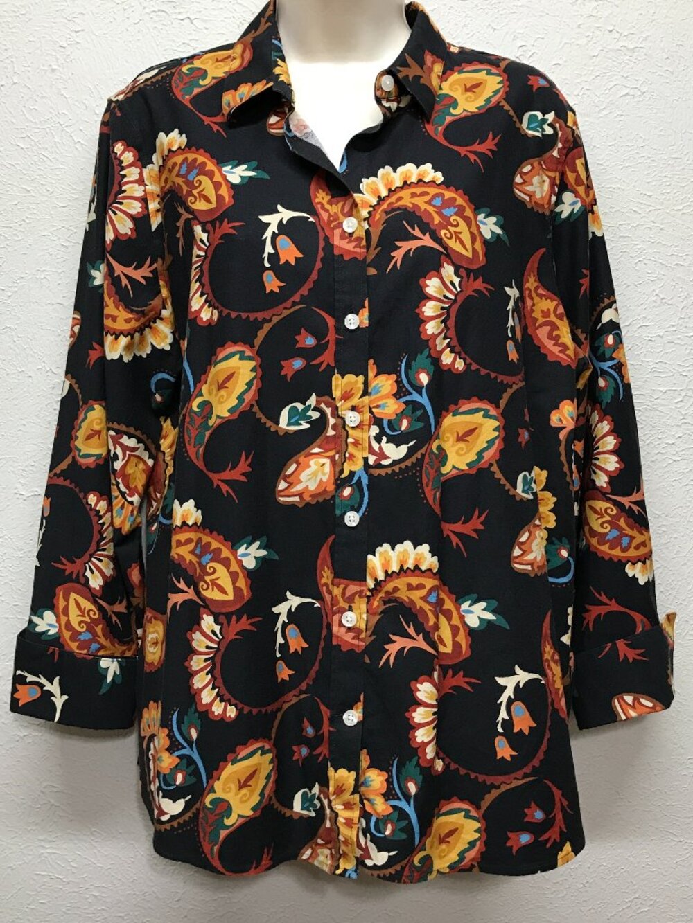 Chico's Shirt 2 Womens L Black Paisley No Iron Stretch 3/4 Sleeve Button Up